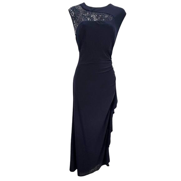 R&M Richards Womens Navy Stretch Jersey Knit Sequin Ruffle Formal Dress sz 10 - Picture 1 of 16